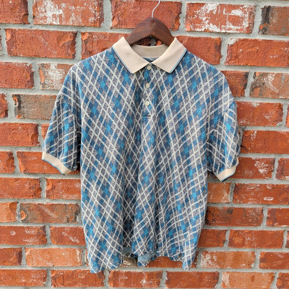 Evan-Picone Sport Polo Shirt Mens Small Blue Argyle Diamond Knit Vintage 90s